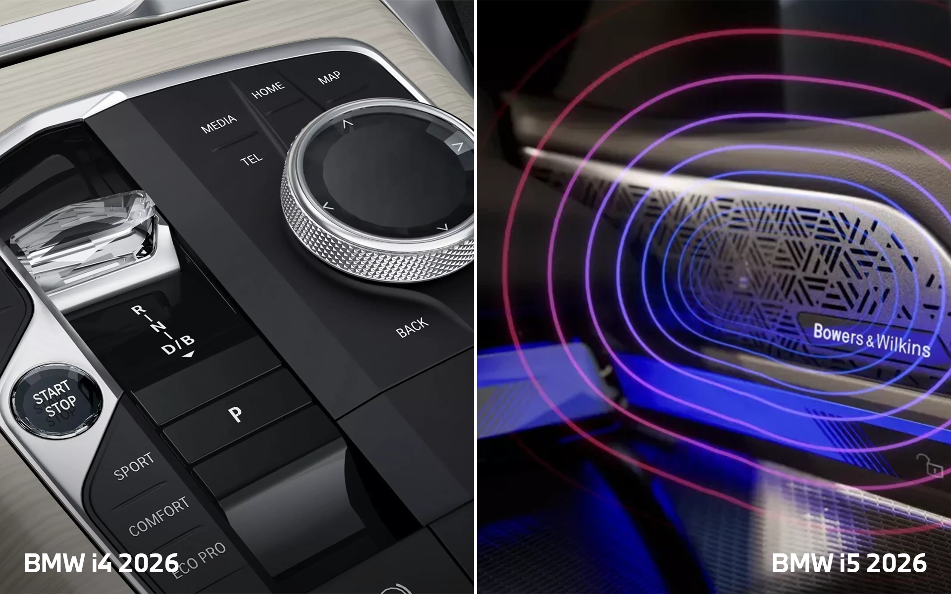 2026 BMW i4 centre console and 2026 BMW i5 Bowers & Wilkins speaker