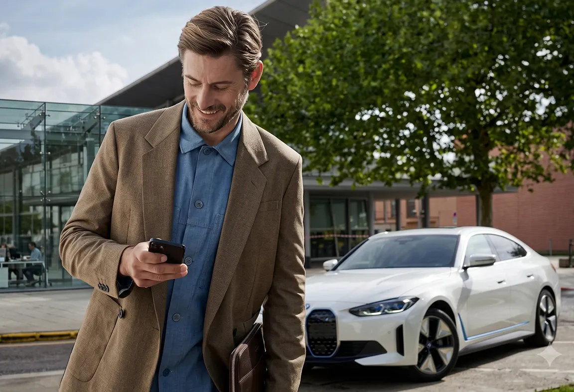 Un client sur son téléphone devant son véhicule BMW.