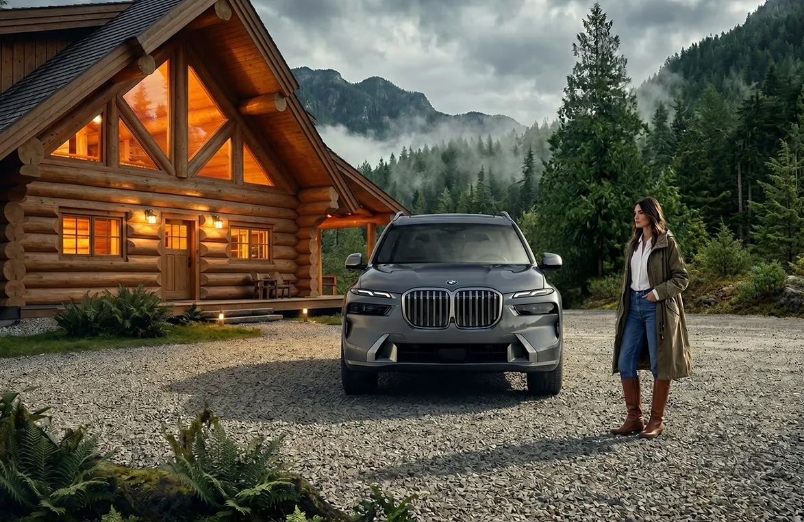 Une cliente BMW avec son véhicule, devant une maison à l'allure rustique.